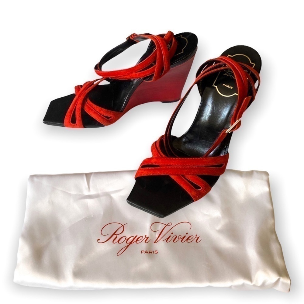 ROGER VIVIER Suede Wedge Sandals Size: 37.5 EU, Red